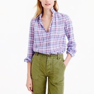{J.Crew} Gathered Popover L/S Shirt in Lilac Plaid